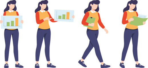 Fototapeta premium Woman holding chart, presenting graph, carrying folder and reading document. Flat style. Set of trendy cartoon artwork. Hand drawn vector illustration