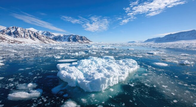 A breathtaking aerial view showcases a frigid seascape filled with ice floes and snow-capped mountains under a clear blue sky.
