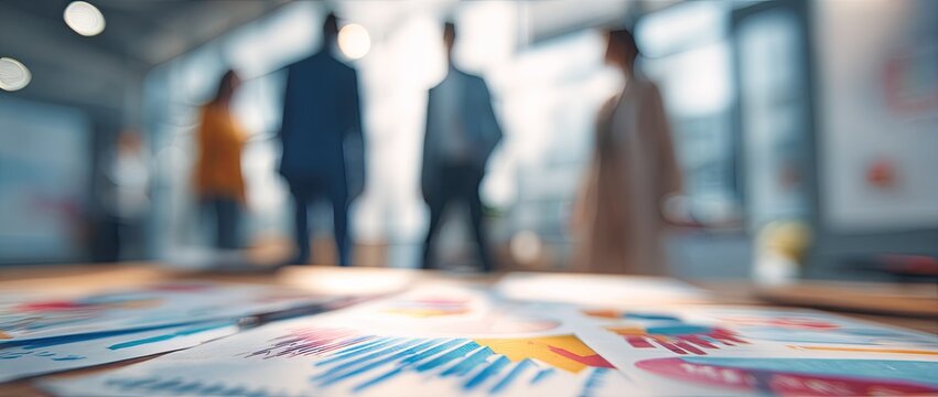A blurred view of people standing near charts and graphs on a wooden table.