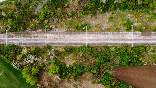 Aerial view of the railway tracks cutting through vibrant green foliage and cultivated fields, creating a stark contrast of natural and man-made elements, Sremska Mitrovica, Vojvodina, Serbia.
