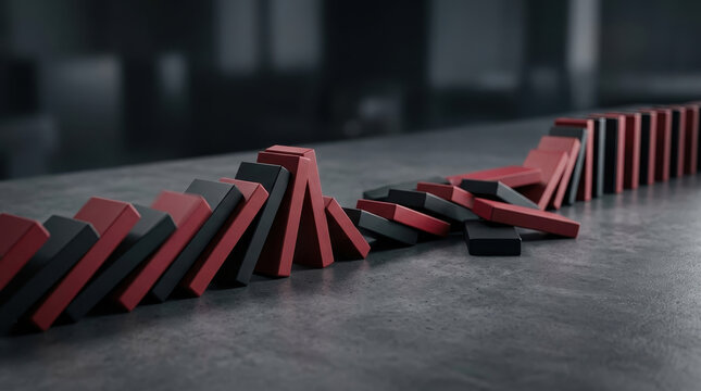 Economic downturn concept domino dominoes collapse Falling red and black domino chain concrete floor economic downturn concept with dramatic topple line showing risk crisis volatility recession