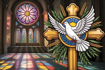 Obraz premium Stained glass and religious symbolism in an ornate church interior