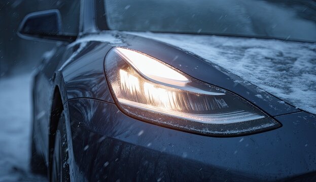 Close-up of a Tesla car headlight illuminated in a snowy environment.
