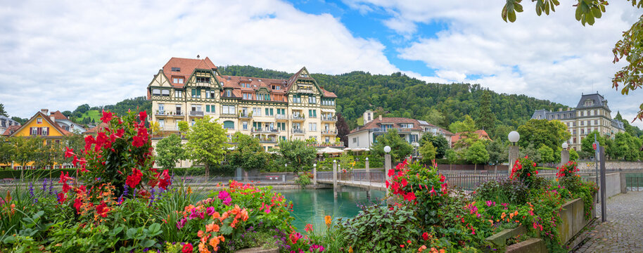 riverside Aare river, historic tourist resort Thun, swiss destination