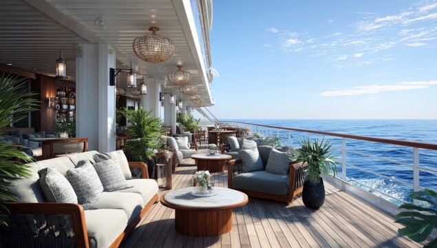 A luxurious outdoor lounge area on a cruise ship deck offers comfortable seating, stylish lighting, and stunning ocean views under a clear blue sky.