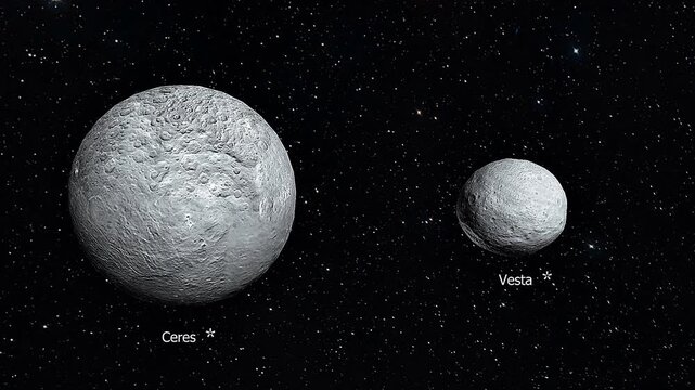 3D animation showing Ceres and Vesta in the asteroid belt within the solar system.