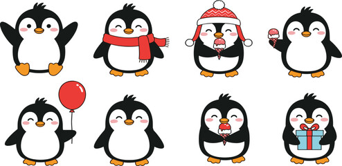 Obraz premium Cute penguin character set vector illustration with winter accessories ice cream balloon and gift for kids designs
