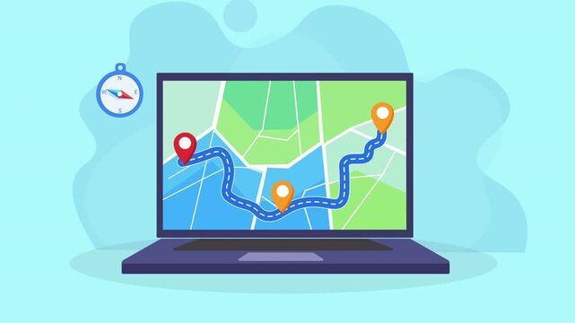 Animated video of a laptop displaying delivery route map with GPS path, location pins, and clock indicator. Represents real time shipment tracking, logistics monitoring, and navigation system.