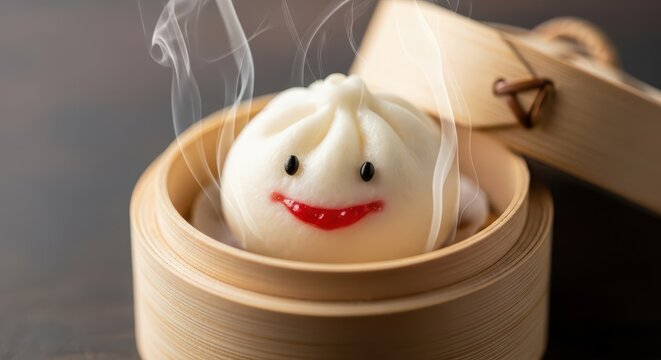 Steamed bun with a smiley face sits inside a traditional bamboo steamer basket.