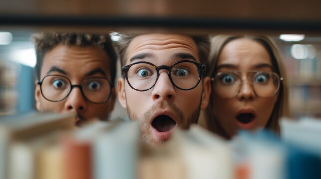 Surprised expressions of three friends discover something fascinating while reading at the library surrounded by bookshelves and colorful book covers. Generative AI