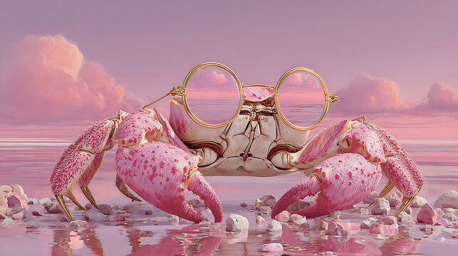 Pink crabs wearing gold glasses on a rocky beach at sunset