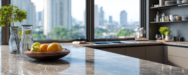Fototapeta premium Modern Kitchen Countertop with Fruit Bowl and City View.