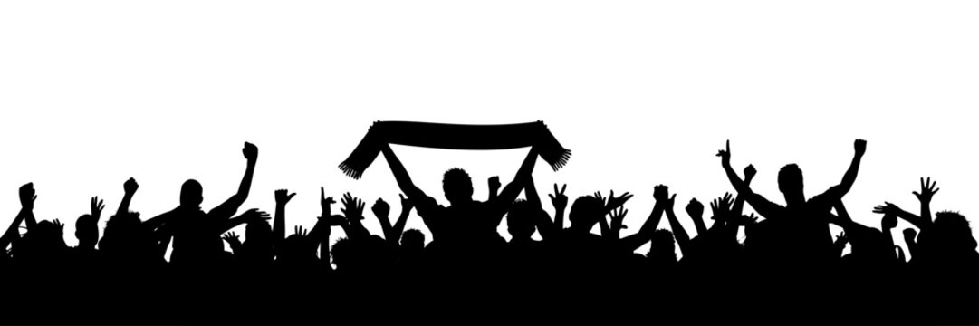 Crowd of people silhouette, happy cheering group people together with scarf, football fans, cheering crowd on concert or sport event, cheerful fans
