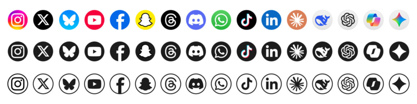 Social media icon set, social network logos, facebook, instagram, x, youtube, whatsapp, linkedIn, telegram, bluesky, tiktok. AI assistant apps: chatgpt, deepseek, google gemini, claude, copilot