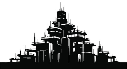 Obraz premium Skyscraper silhouette depicts a futuristic urban metropolis with complex architectural layers and vertical structures, offering ample white copy space for modern professional graphic design projects.