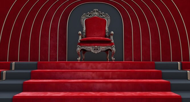 Elegant red royal throne on a stage with a red carpet and arched walls in a grand hall.
