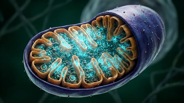 Mitochondrion, vital eukaryotic cellular organelle, actively converting nutrients into adenosine triphosphate, demonstrating complex internal membranes, cristae.