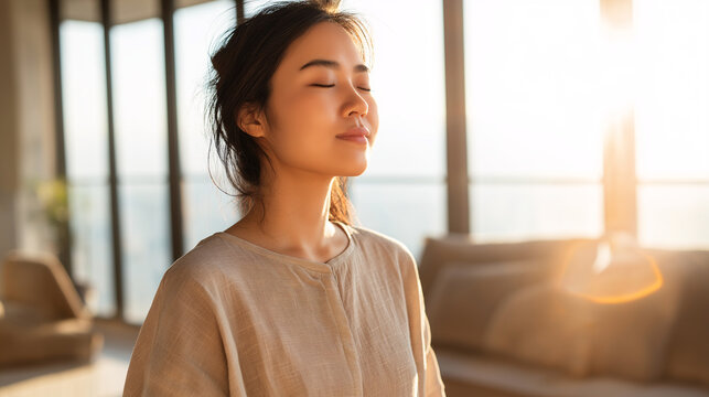 A young woman meditates peacefully by the window as the warm sun illuminates her face
