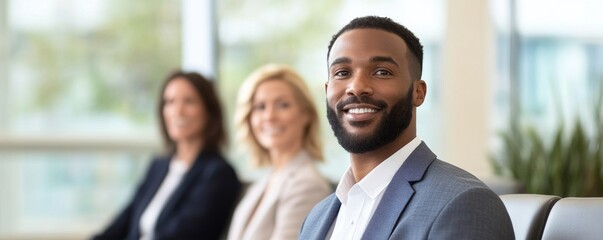 Obraz premium Smiling Black businessman close-up, two women in blurred background. Professional diverse team attends an office meeting, portraying leadership and collaboration. Corporate, Success
