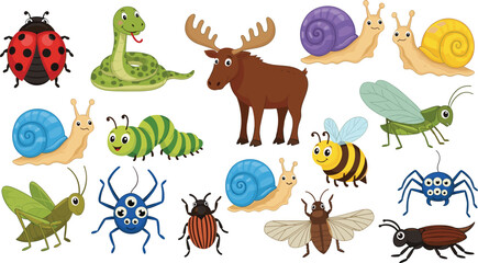 Obraz premium Cute Insects and Forest Animals Cartoon Set with Ladybug Snake Moose Snail Grasshopper Bee Spider Wildlife Character Collection Illustration