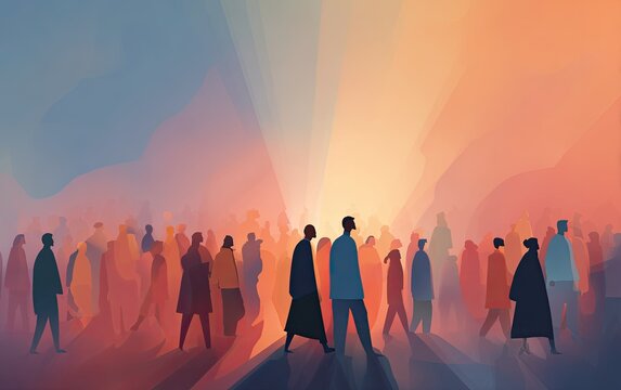 A stylized illustration depicts a large crowd of people walking towards a bright, warm light source.