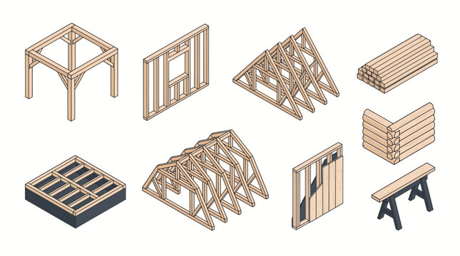 Isometric set of wooden house framing elements including roof trusses, wall studs, floor joists and timber beams, concept for architectural design, home construction and carpentry education