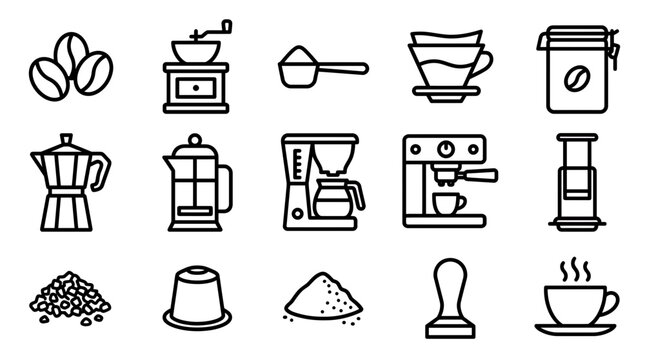 Minimalist black line icons of coffee brewing equipment including espresso machine, manual grinder and moka pot, concept for cafe menu design, barista training and coffee shop branding logo