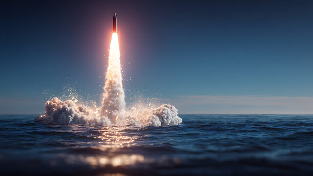 Submarine breaks through the water surface, launches missiles.