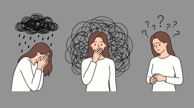 Depressed female manager suffering from mental health issues shown in three emotional states, concept for psychological counseling, burnout awareness and employee mental wellbeing support