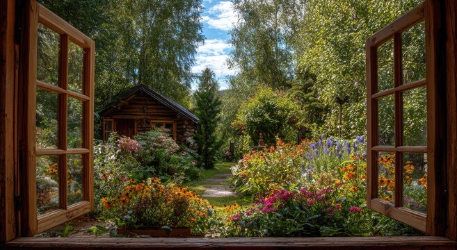 A picturesque view of a vibrant garden and rustic cabin framed by an open wooden window, bathed in warm sunlight.