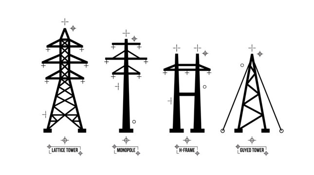 Set of various electrical transmission towers icons like lattice monopole and guyed types on white background, concept for industrial engineering, power infrastructure and technical design