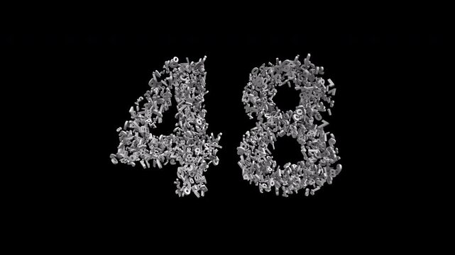 Number 48 Formed by Small Digits Animation with Alpha Channel. Typographic Number Formation Effect. Digital Number Made of Numbers. 3D Font Typographic Animation. Transparent Background