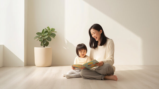 A caring parent reads a storybook to their young child on the floor in a bright, sunlit room