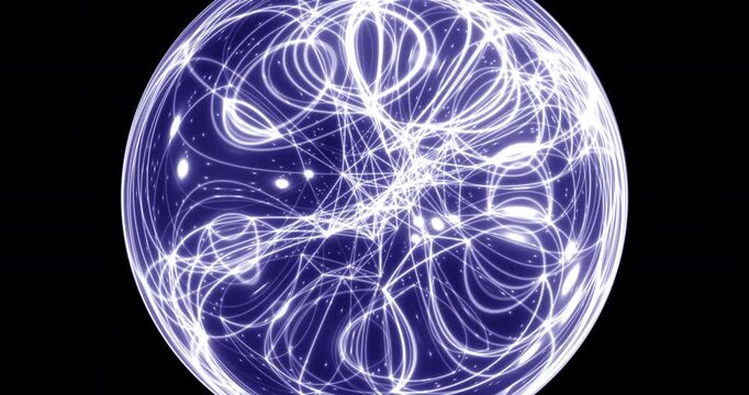 Seamless loop. An abstract luminous sphere demonstrates the dynamic motion of particles moving in a circle. The internal structure of many intertwining lines and dots alternately disintegrates and ref