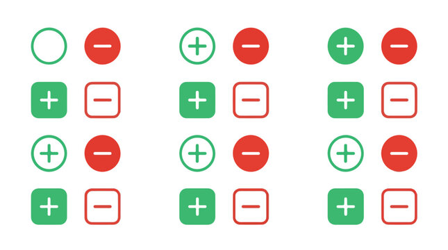 Set of Plus and Minus Icons in Green and Red Circles and Squares