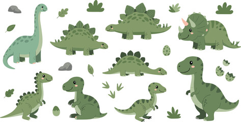 Cute Dinosaur Cartoon Character Set with Baby Dino Poses Eggs Leaves and Prehistoric Animals Vector Illustration Collection © Ratna