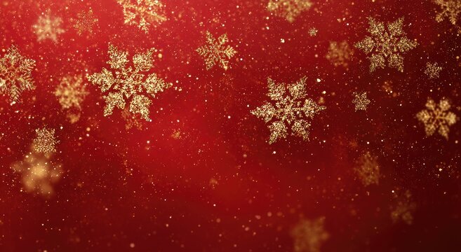 A shimmering, festive background features delicate golden snowflakes gently falling against a rich, deep red backdrop, creating a magical and celebratory atmosphere.