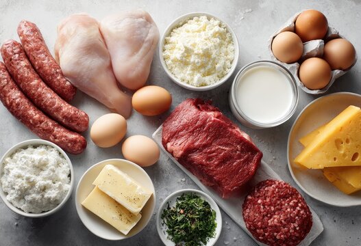 A variety of fresh protein sources and dairy products are displayed on a neutral surface.