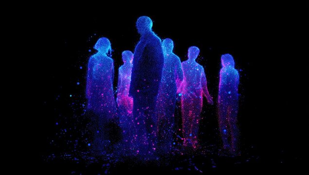 A striking visual depicts a group of human figures formed from vibrant, glowing particles against a stark black background, evoking a sense of digital existence and interconnectedness.