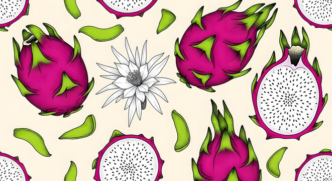Dragon fruit pattern with green leaves and white flower on cream background with vibrant pink scales and black seeds