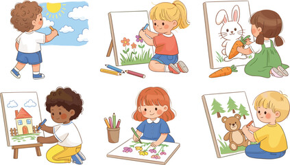 Fototapeta premium Flat vector illustration set of diverse cute children characters painting and drawing on canvas and paper isolated on white background for educational design.