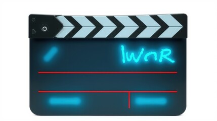Naklejka premium Film clapperboard displays word lWoR. Blue, black color scheme. Simple studio equipment illustration. Clean design, bright lighting.