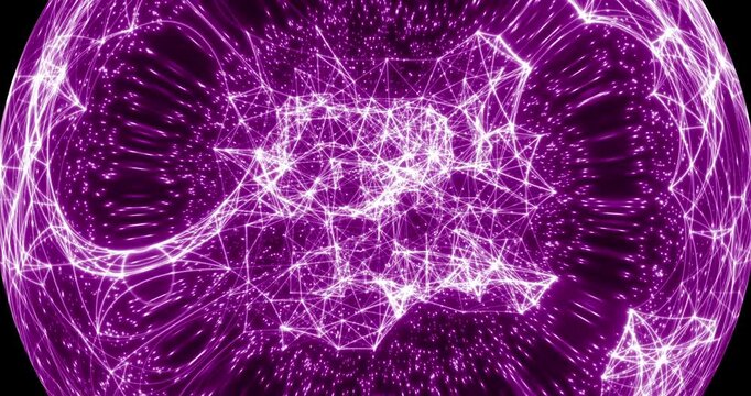 Seamless loop. An abstract luminous sphere demonstrates the dynamic motion of particles moving in a circle. The internal structure of many intertwining lines and dots alternately disintegrates and ref