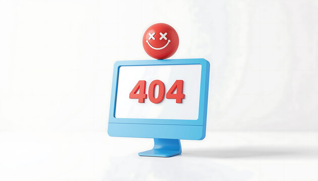A computer monitor displays a 404 error with a sad smiley face