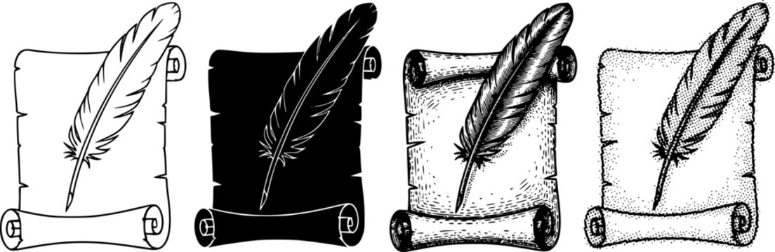 Set of four quill pens on paper scrolls presented in various artistic styles like simple outline, black silhouette, detailed engraving, and halftone dotwork See Less
