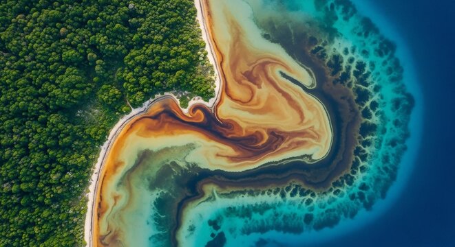 Aerial View of Tropical Island Coastline with Swirling Ocean Currents.
