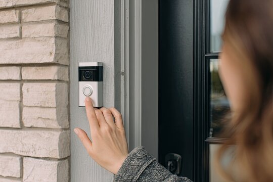 A person presses the button on a modern video doorbell mounted on a brick facade next to a dark-framed front door, showcasing home security technology.