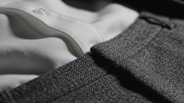 Elegant white shirt and gray herringbone suit detail
