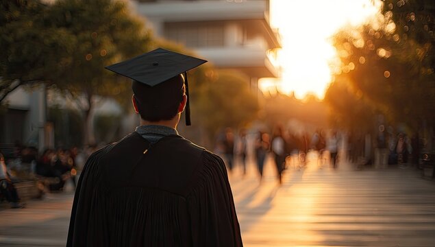A graduate in academic regalia stands facing a bright sunset, symbolizing the culmination of their studies and the beginning of a new chapter.