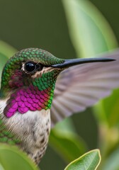 Obraz premium Vibrant hummingbird displays iridescent magenta and green feathers while hovering near green foliage.